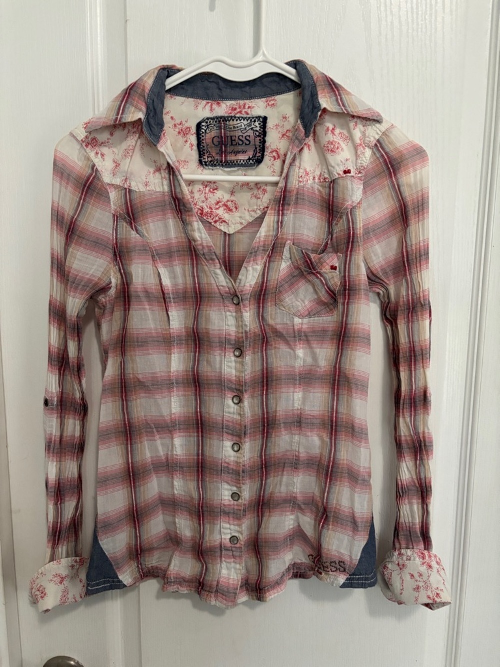 GUESS Pink and White Plaid Button-Down Shirt